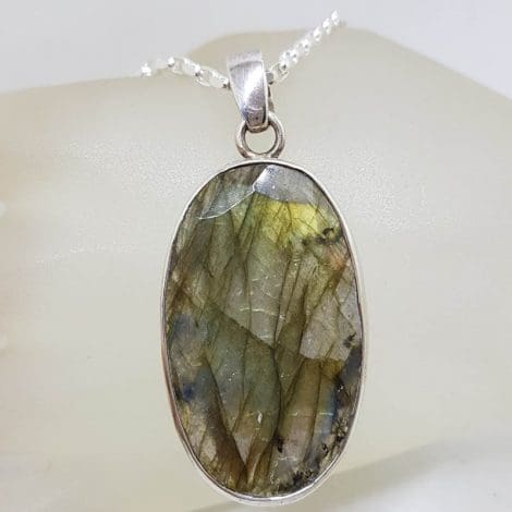 Sterling Silver Faceted Labradorite Large Oval Bezel Set Pendant on Silver Chain