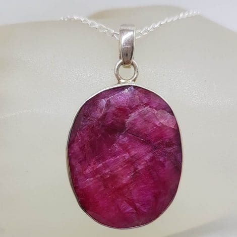 Sterling Silver Ruby Large Oval Bezel Set Pendant on Silver Chain