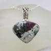 Sterling Silver Ruby Zoisite Triangular Teardrop / Pear Shape with Ornate Top Pendant on Silver Chain