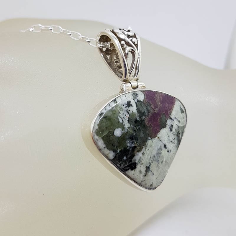 Sterling Silver Ruby Zoisite Triangular Teardrop / Pear Shape with Ornate Top Pendant on Silver Chain Sterling Silver Ruby Zoisite Triangular Teardrop / Pear Shape with Ornate Top Pendant on Silver Chain