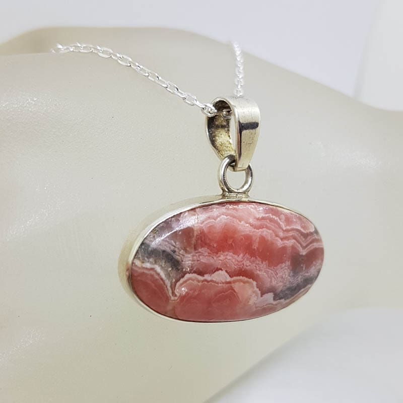 Sterling Silver Rhodochrosite Large Oval Bezel Set Pendant on Silver Chain