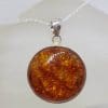 Sterling Silver Amber Large Round Bezel Set Pendant on Silver Chain