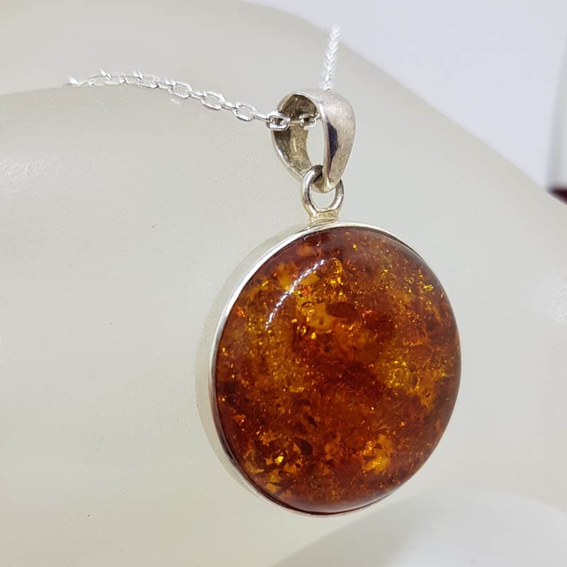 Sterling Silver Amber Large Round Bezel Set Pendant on Silver Chain Sterling Silver Amber Large Round Bezel Set Pendant on Silver Chain
