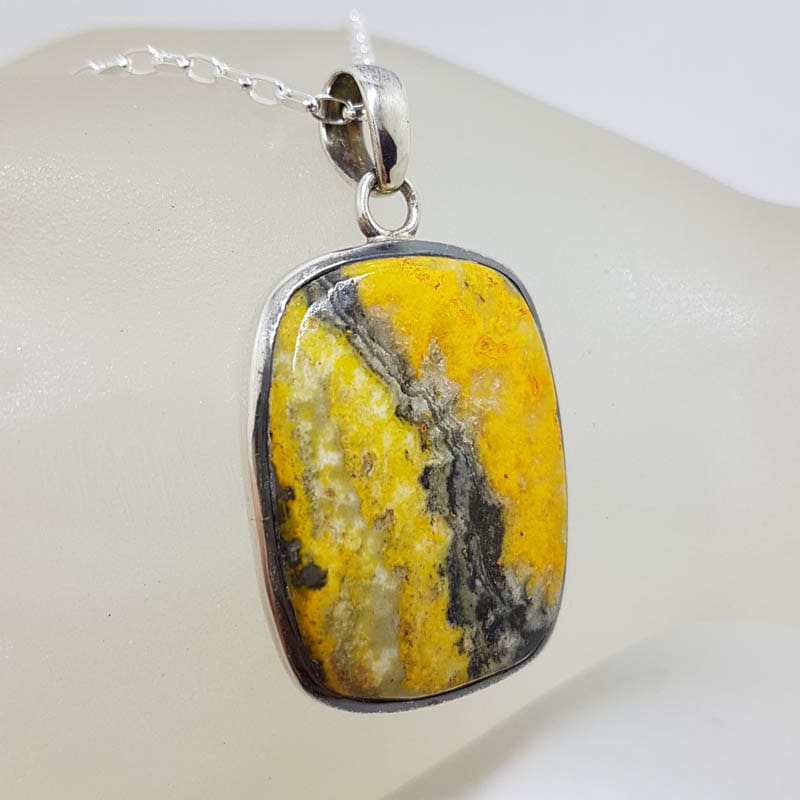Sterling Silver Bumble Bee Jasper / Quartz Large Rectangular Bezel Set Pendant on Silver Chain
