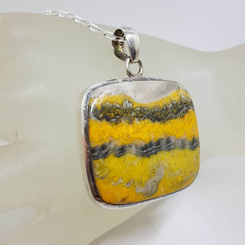Sterling Silver Bumble Bee Jasper / Quartz Large Rectangular Bezel Set Pendant on Silver Chain