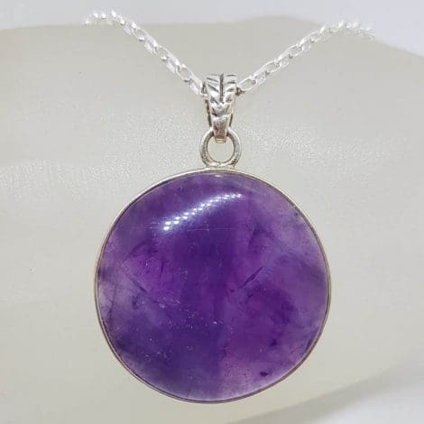 Sterling Silver Amethyst Large Round Bezel Set Pendant on Silver Chain