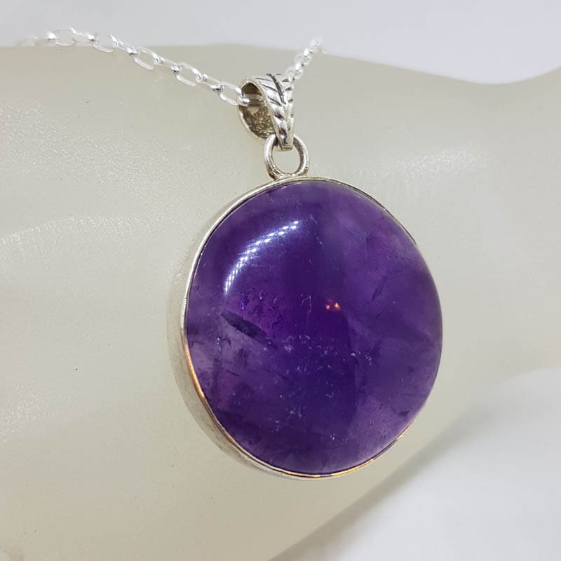 Sterling Silver Amethyst Large Round Bezel Set Pendant on Silver Chain Sterling Silver Amethyst Large Round Bezel Set Pendant on Silver Chain