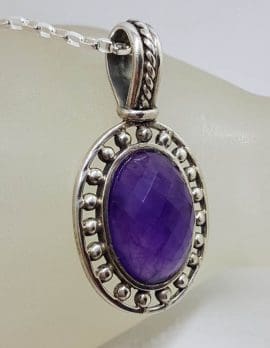 Sterling Silver Amethyst Faceted Oval in Ornate Rimmed Setting Pendant on Silver Chain