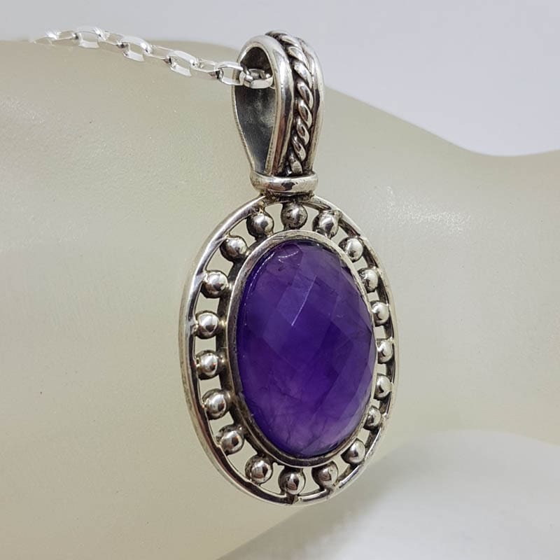 Sterling Silver Amethyst Faceted Oval in Ornate Rimmed Setting Pendant on Silver Chain