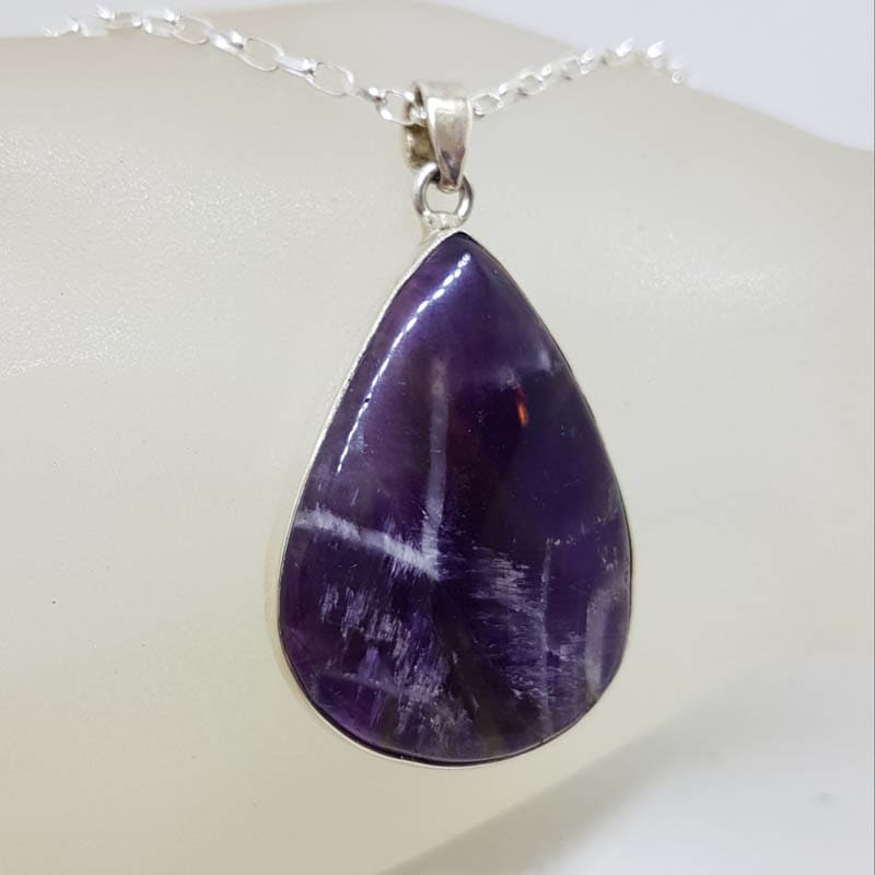 Sterling Silver Amethyst Large Teardrop / Pear Shape Bezel Set Pendant on Silver Chain Sterling Silver Amethyst Large Teardrop / Pear Shape Bezel Set Pendant on Silver Chain