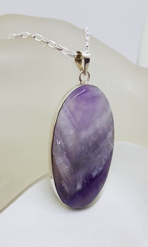 Sterling Silver Amethyst Large Oval Bezel Set Pendant on Silver Chain