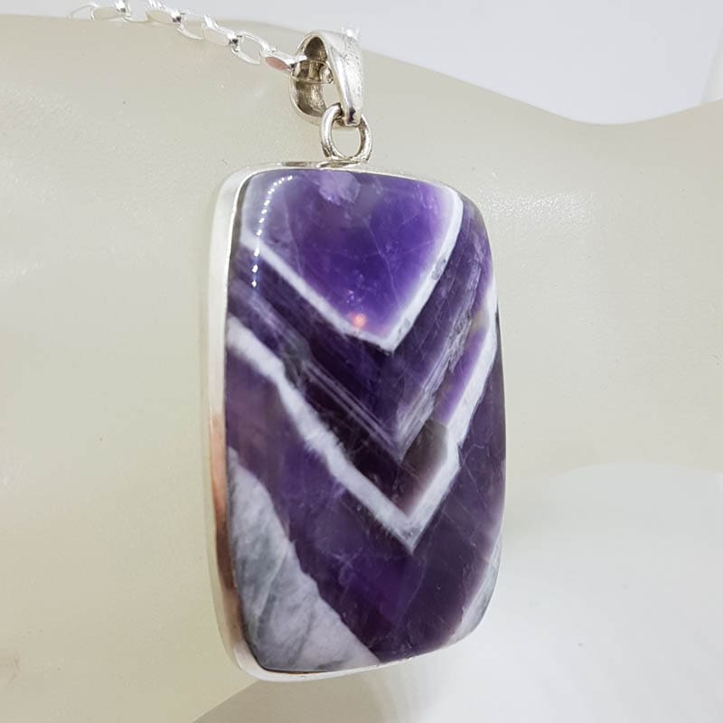 Sterling Silver Banded Amethyst Large Rectangular Bezel Set Pendant on Silver Chain