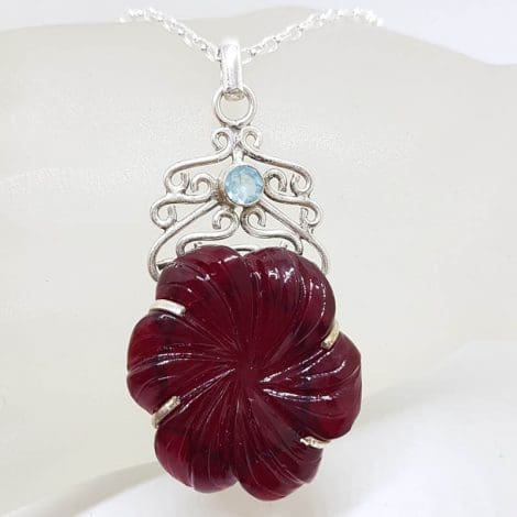 Sterling Silver Carved Red Flower with Topaz Ornate Filigree Pendant on Silver Chain