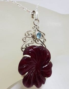 Sterling Silver Carved Red Flower with Topaz Ornate Filigree Pendant on Silver Chain