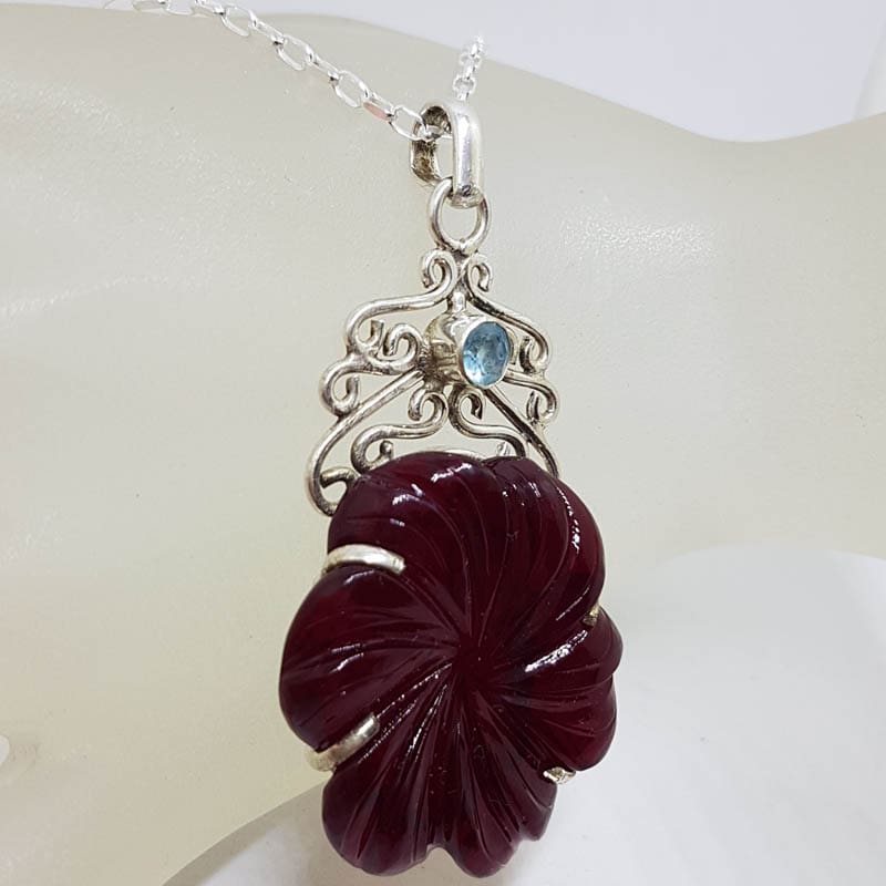 Sterling Silver Carved Red Flower with Topaz Ornate Filigree Pendant on Silver Chain