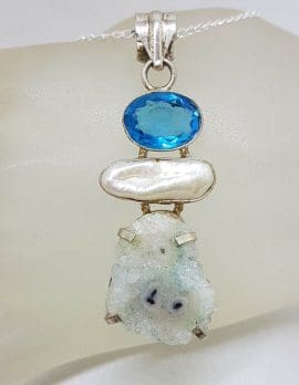 Sterling Silver Large Druzy Quartz Slice with Pearl and Topaz Ornate Filigree Pendant on Silver Chain