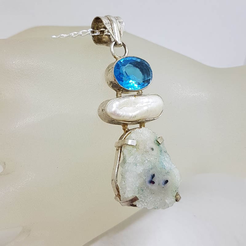 Sterling Silver Large Druzy Quartz Slice with Pearl and Topaz Ornate Filigree Pendant on Silver Chain