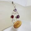 Sterling Silver Oval with Garnet and Amethyst Ornate Filigree Pendant on Silver Chain