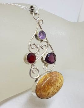 Sterling Silver Oval with Garnet and Amethyst Ornate Filigree Pendant on Silver Chain