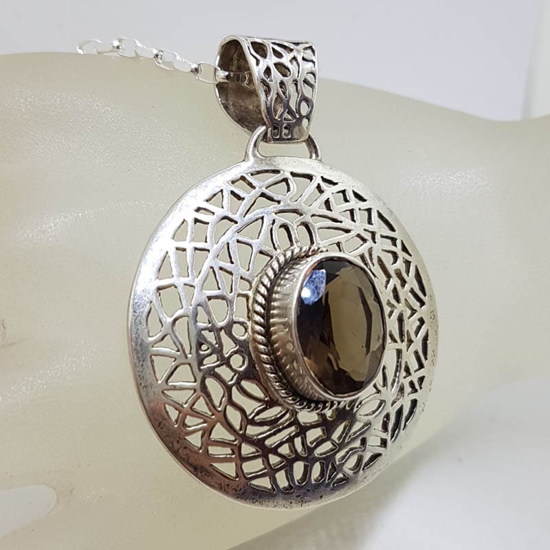 Sterling Silver Large Round Ornate Filigree Smokey Quartz Pendant on Silver Chain