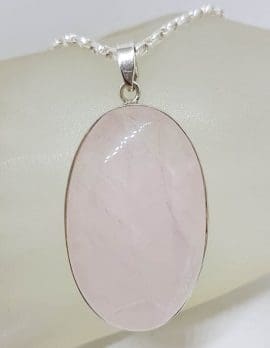 Sterling Silver Rose Quartz Large Cabochon Cut Oval Pendant on Silver Chain
