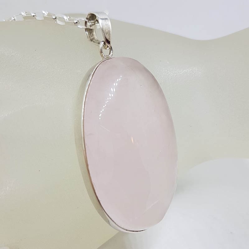 Sterling Silver Rose Quartz Large Cabochon Cut Oval Pendant on Silver Chain Sterling Silver Rose Quartz Large Cabochon Cut Oval Pendant on Silver Chain