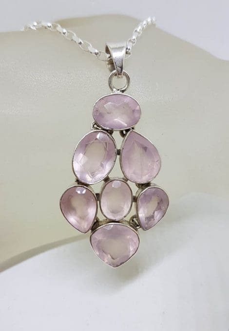 Sterling Silver Rose Quartz Large Cluster Pendant on Silver Chain