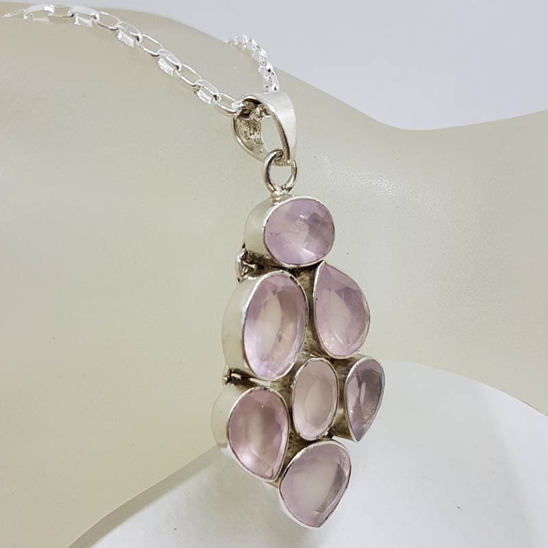 Sterling Silver Rose Quartz Large Cluster Pendant on Silver Chain Sterling Silver Rose Quartz Large Cluster Pendant on Silver Chain