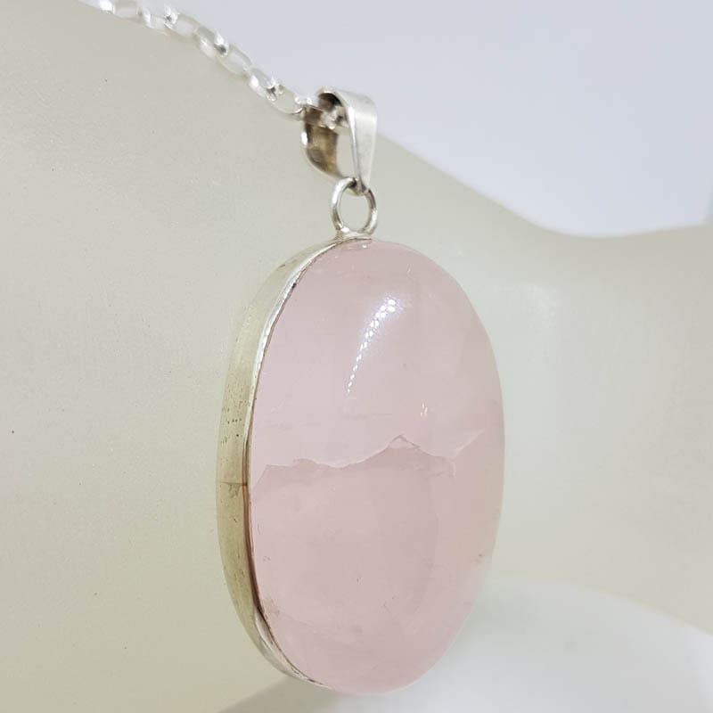 Sterling Silver Rose Quartz Large Cabochon Cut Oval Pendant on Silver Chain Sterling Silver Rose Quartz Large Cabochon Cut Oval Pendant on Silver Chain