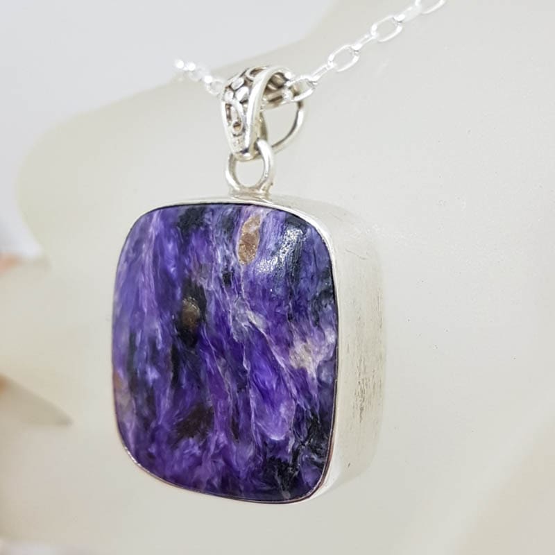 Sterling Silver Charoite Large Square Bezel Set Pendant on Silver Chain Sterling Silver Charoite Large Square Bezel Set Pendant on Silver Chain