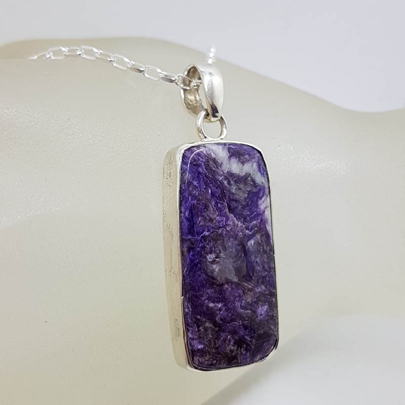 Sterling Silver Charoite Large Rectangular Bezel Set Pendant on Silver Chain Sterling Silver Charoite Large Rectangular Bezel Set Pendant on Silver Chain