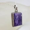 Sterling Silver Charoite Large Square with Twist Patterned Rim Pendant on Silver Chain