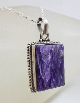 Sterling Silver Charoite Large Square with Twist Patterned Rim Pendant on Silver Chain