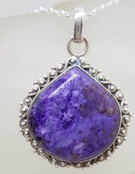 Sterling Silver Charoite Large Shape with Ornate Patterned Rim Pendant on Silver Chain