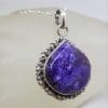 Sterling Silver Charoite Large Shape with Ornate Patterned Rim Pendant on Silver Chain