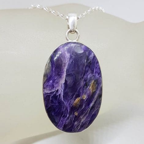 Sterling Silver Charoite Large Oval Bezel Set Pendant on Silver Chain