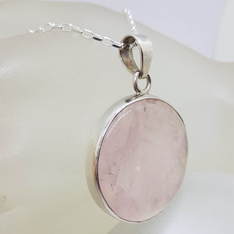 Sterling Silver Rose Quartz Round Bezel Set Pendant on Silver Chain Sterling Silver Rose Quartz Round Bezel Set Pendant on Silver Chain