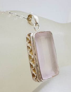 Sterling Silver Rose Quartz Rectangle with Ornate Rim Pendant on Silver Chain