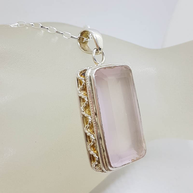 Sterling Silver Rose Quartz Rectangle with Ornate Rim Pendant on Silver Chain Sterling Silver Rose Quartz Rectangle with Ornate Rim Pendant on Silver Chain