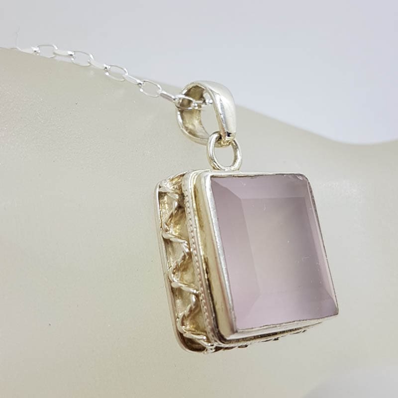 Sterling Silver Rose Quartz Square with Ornate Rim Pendant on Silver ChainSterling Silver Rose Quartz Square with Ornate Rim Pendant on Silver Chain Sterling Silver Rose Quartz Square with Ornate Rim Pendant on Silver Chain
