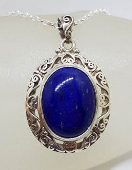 Sterling Silver Lapis Lazuli Large Oval Stone with Ornate Filigree Patterned Pendant on Silver Chain