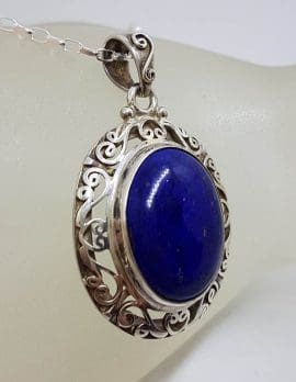 Sterling Silver Lapis Lazuli Large Oval Stone with Ornate Filigree Patterned Pendant on Silver Chain