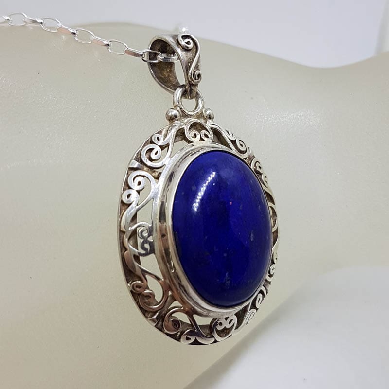 Sterling Silver Lapis Lazuli Large Oval Stone with Ornate Filigree Patterned Pendant on Silver Chain Sterling Silver Lapis Lazuli Large Oval Stone with Ornate Filigree Patterned Pendant on Silver Chain