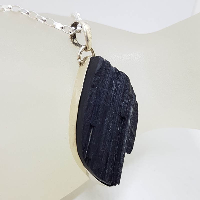Sterling Silver Black Tourmaline Large Unusual Shape Pendant on Silver Chain