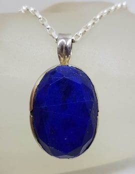 Sterling Silver Lapis Lazuli Large Oval Faceted Stone Pendant on Silver Chain