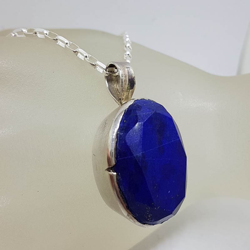 Sterling Silver Lapis Lazuli Large Oval Faceted Stone Pendant on Silver Chain