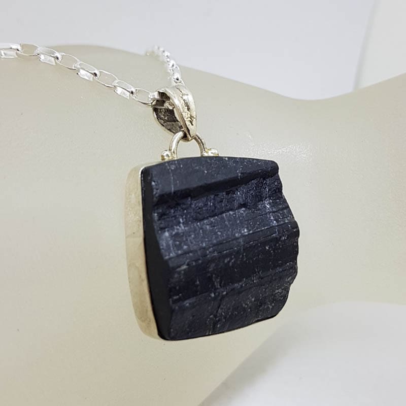 Sterling Silver Black Tourmaline Large Square Bezel Set Pendant on Silver Chain