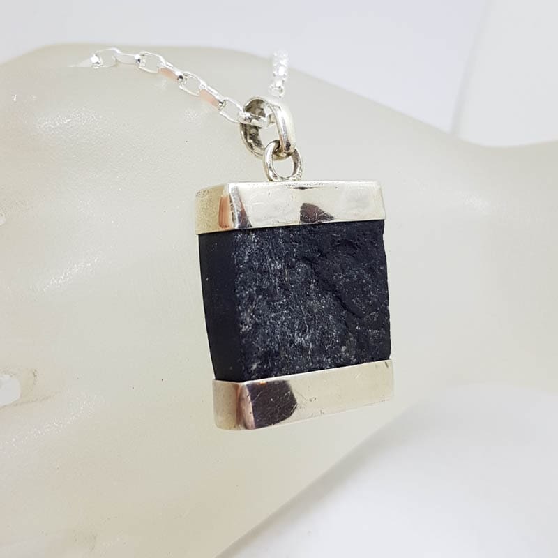 Sterling Silver Black Tourmaline Large Square Pendant on Silver Chain