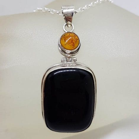 Sterling Silver Onyx Large Rectangular Stone with Round Amber Pendant on Silver Chain