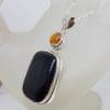 Sterling Silver Onyx Large Rectangular Stone with Round Amber Pendant on Silver Chain